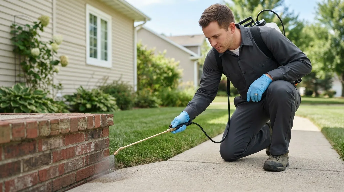 Pest control technician treating a home near East Sparta, OH